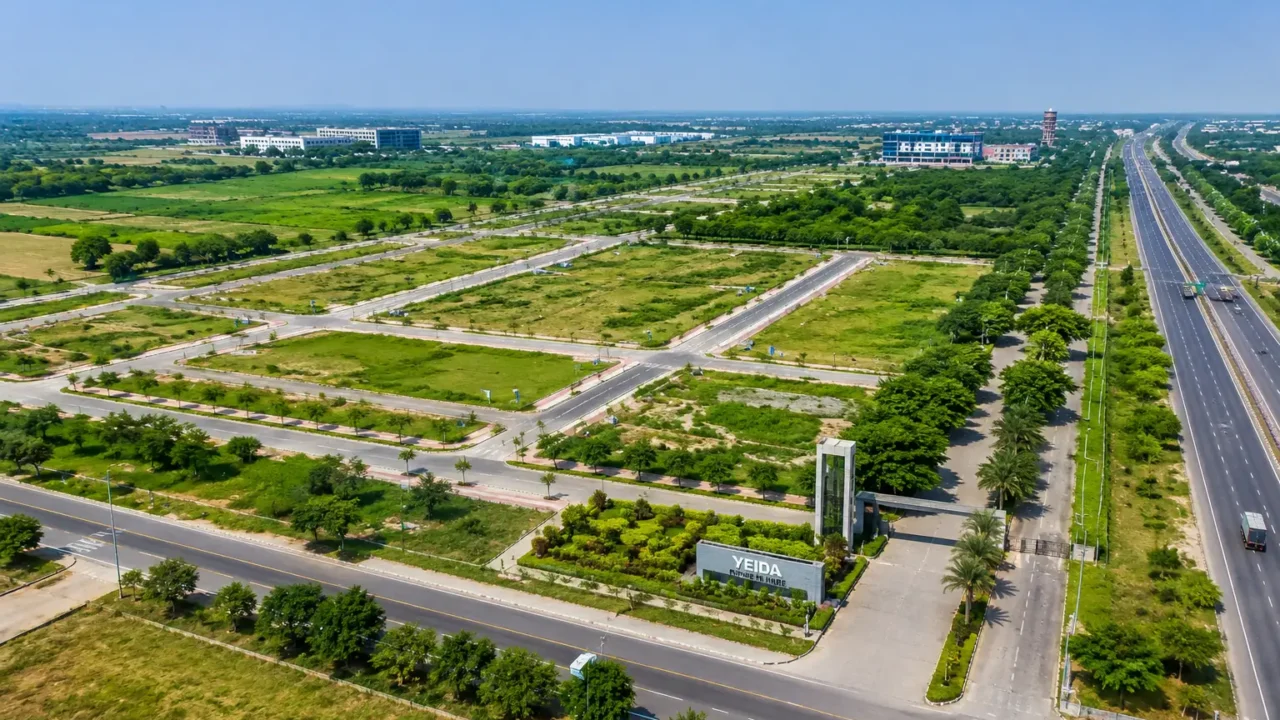 Aerial view of planned land plots representing YEIDA nursery school and creche institutional plot scheme