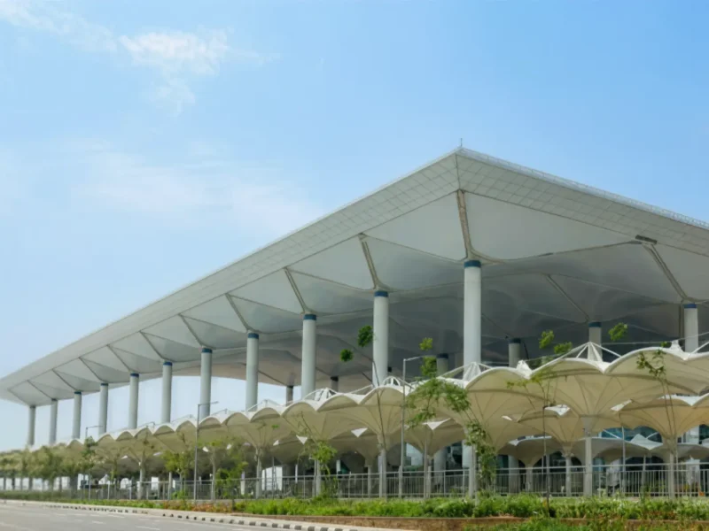 Noida International Airport terminal building shown from outside for July 2026 flight route update