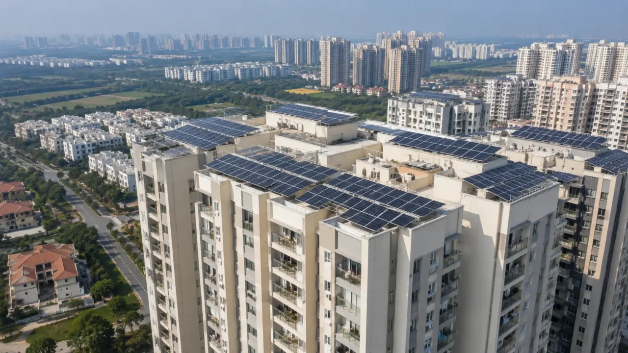 Representative aerial view of rooftop solar panels installed on high-rise residential towers in Greater Noida West