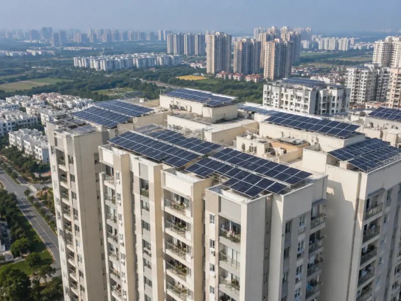 Representative aerial view of rooftop solar panels installed on high-rise residential towers in Greater Noida West