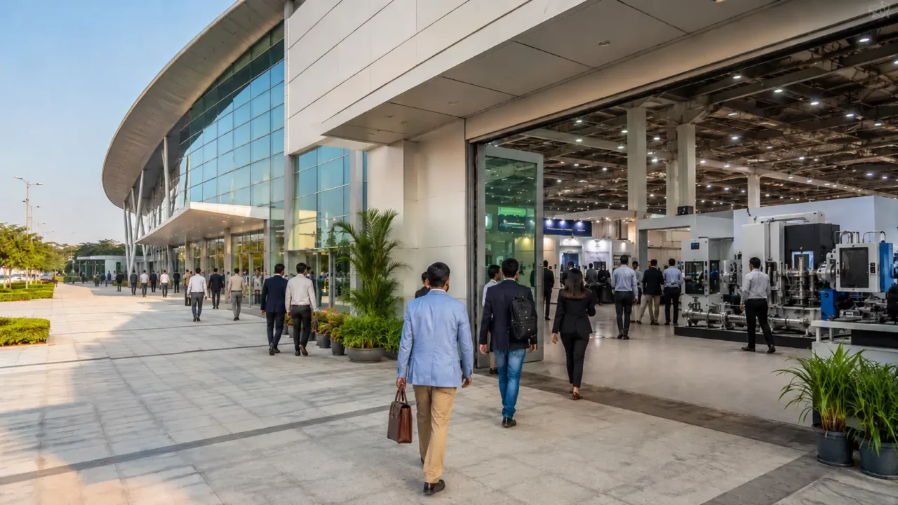 Representative view of business visitors entering an industrial exhibition venue in Greater Noida