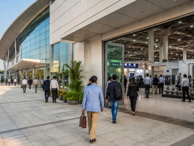 Representative view of business visitors entering an industrial exhibition venue in Greater Noida