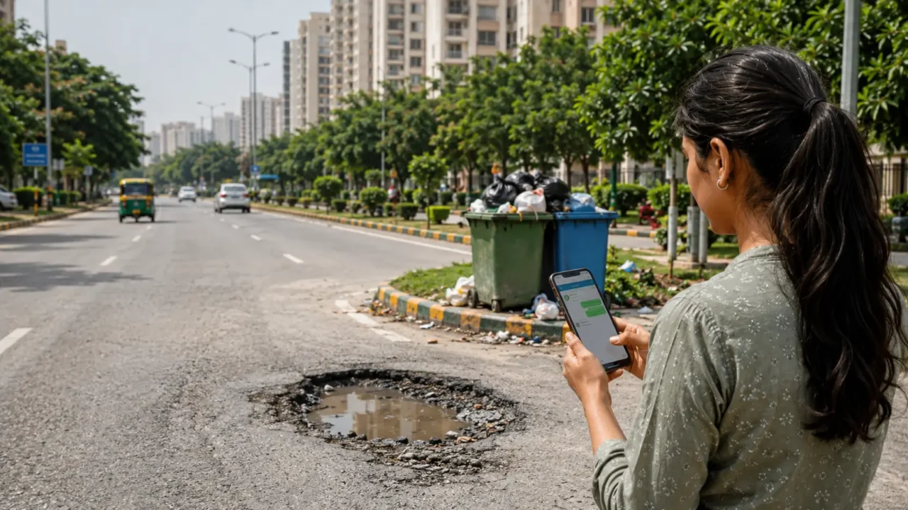 AI-generated representative image of a Greater Noida resident using a smartphone to report a pothole and overflowing garbage near a residential road