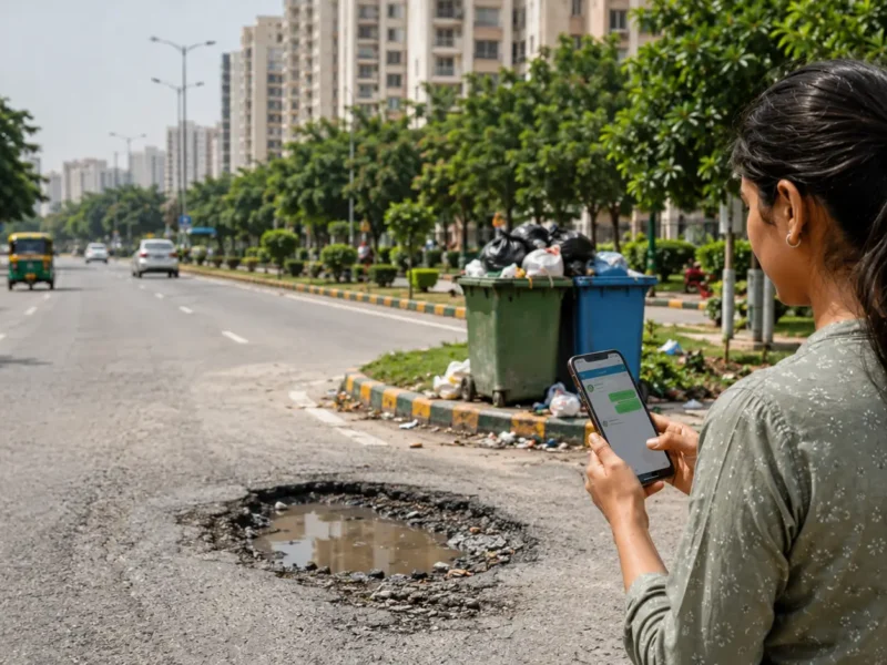 AI-generated representative image of a Greater Noida resident using a smartphone to report a pothole and overflowing garbage near a residential road