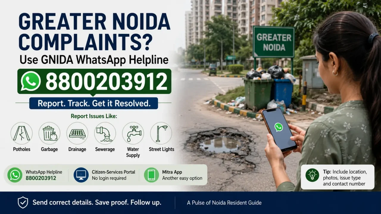 Greater Noida resident using a phone to report a civic complaint near a residential road and apartment society
