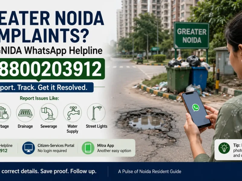 Greater Noida resident using a phone to report a civic complaint near a residential road and apartment society
