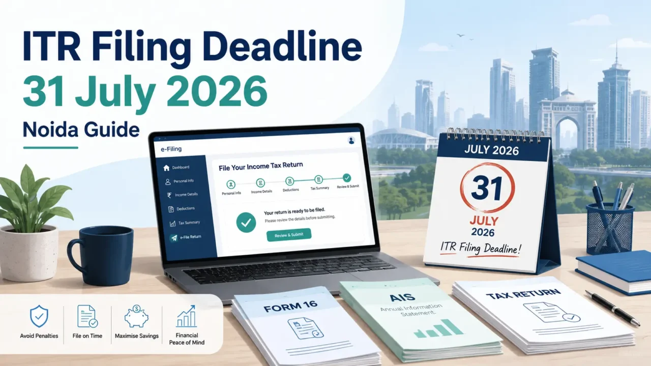 ITR filing deadline of 31 July 2026 with Form 16, AIS documents and an e-filing laptop for Noida taxpayers