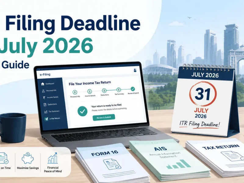 ITR filing deadline of 31 July 2026 with Form 16, AIS documents and an e-filing laptop for Noida taxpayers