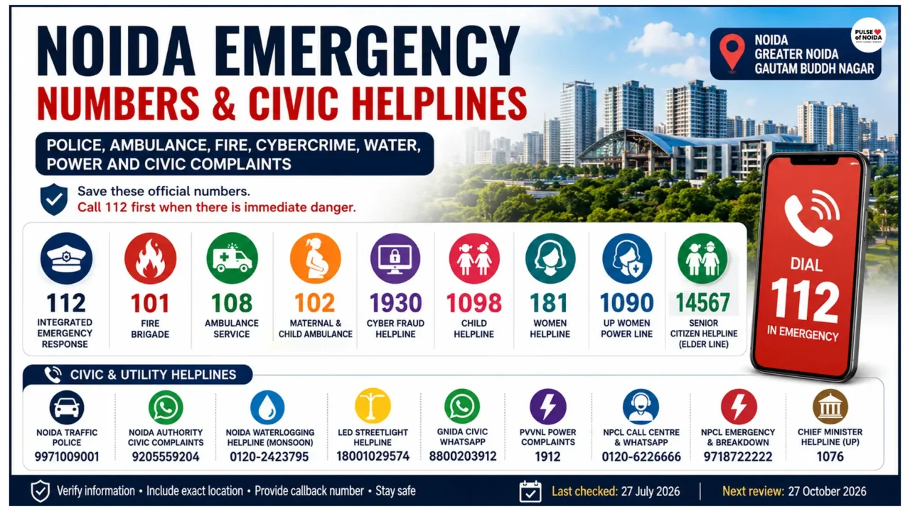 Infographic listing emergency and civic helpline numbers for Noida and Greater Noida, including police, fire, ambulance, cybercrime, water, power and Authority complaints