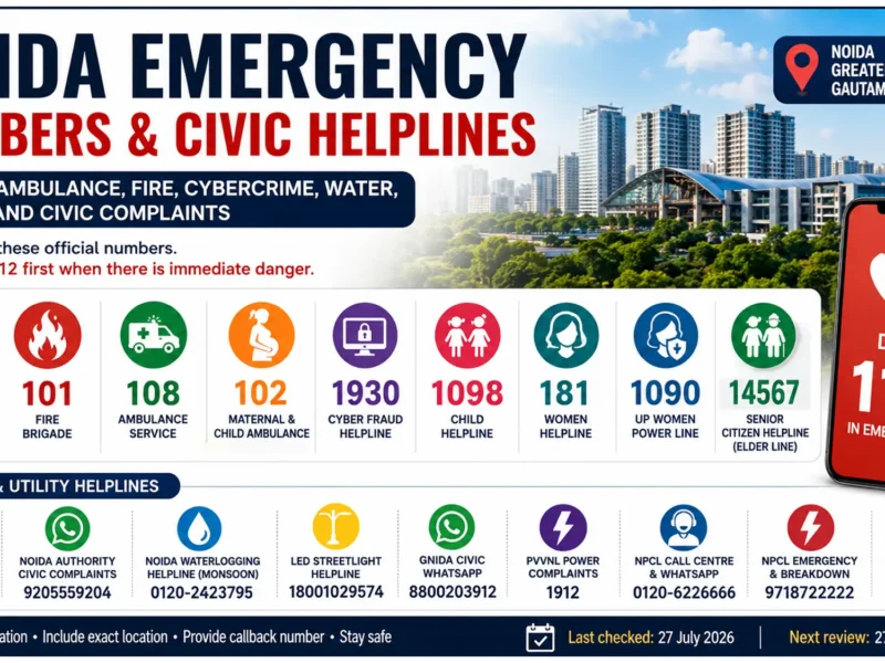 Infographic listing emergency and civic helpline numbers for Noida and Greater Noida, including police, fire, ambulance, cybercrime, water, power and Authority complaints