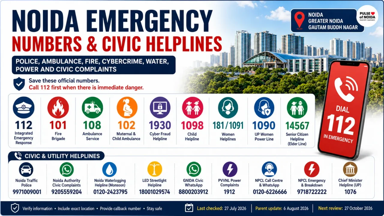 Noida emergency numbers infographic showing police, fire, ambulance, child safety, women, cybercrime, electricity and civic helplines