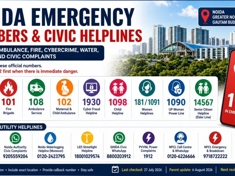 Noida emergency numbers infographic showing police, fire, ambulance, child safety, women, cybercrime, electricity and civic helplines
