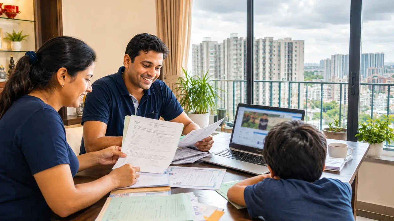 Parents in a Noida Extension apartment review school transfer documents and report cards for a mid-year admission decision.