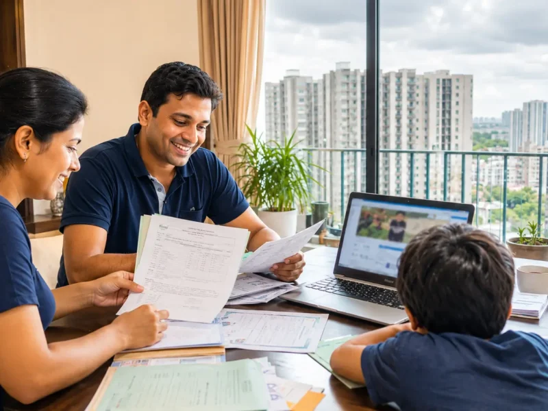 Parents in a Noida Extension apartment review school transfer documents and report cards for a mid-year admission decision.