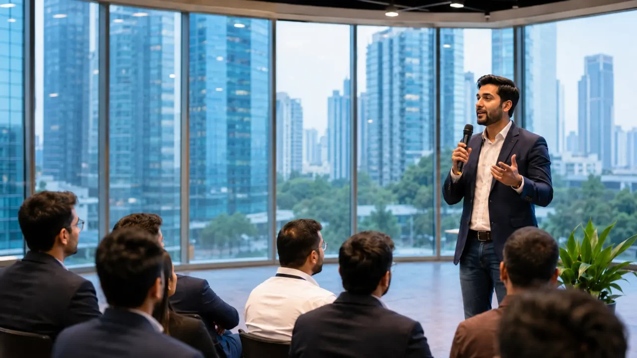 Startup founder speaking to an audience at a representative business event in Noida