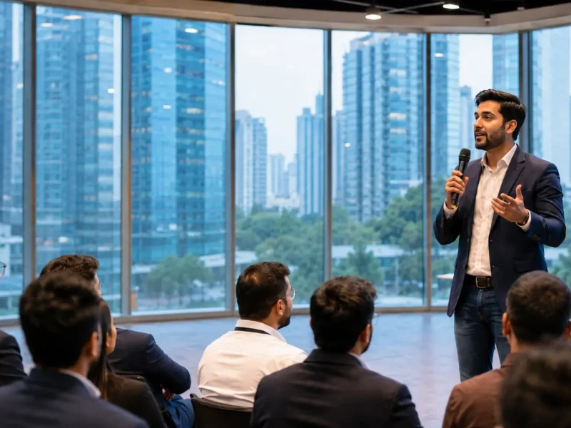 Startup founder speaking to an audience at a representative business event in Noida