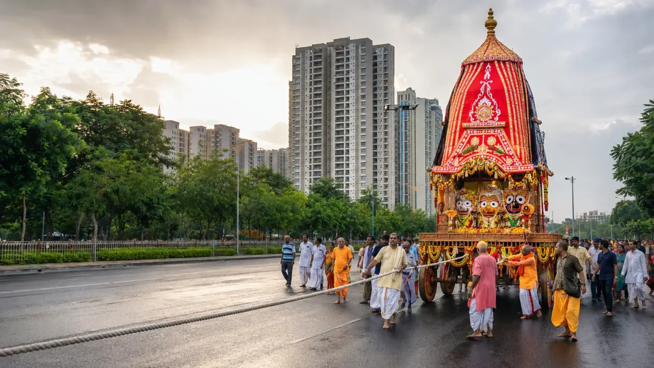 AI-generated representative image of the Jagannath Rath Yatra procession on a Noida road with a decorated chariot, devotees and high-rise buildings