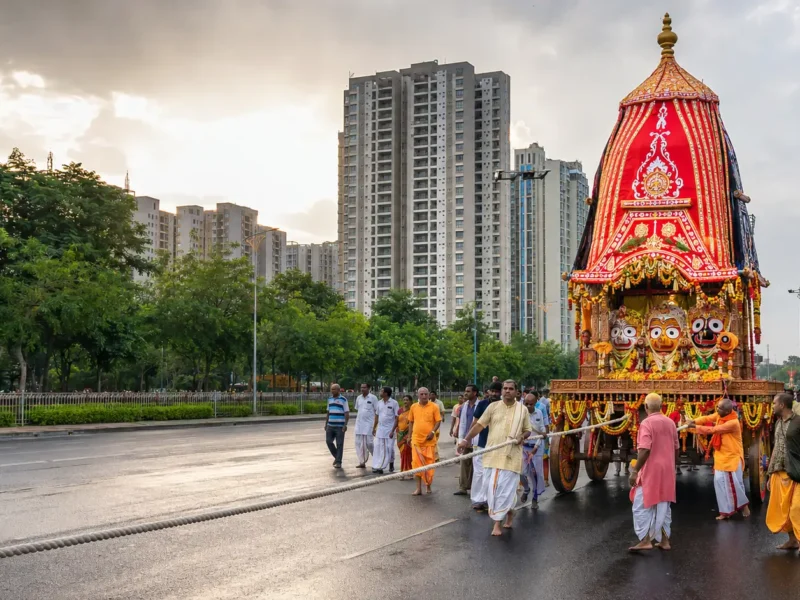 AI-generated representative image of the Jagannath Rath Yatra procession on a Noida road with a decorated chariot, devotees and high-rise buildings