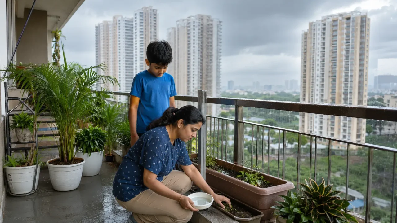 Noida resident checking balcony plant trays and water containers during monsoon to prevent dengue mosquito breeding.