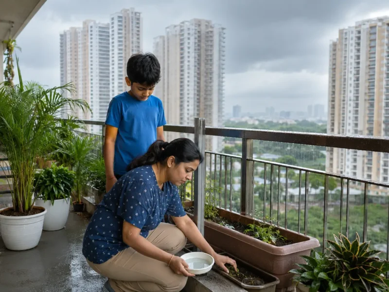 Noida resident checking balcony plant trays and water containers during monsoon to prevent dengue mosquito breeding.