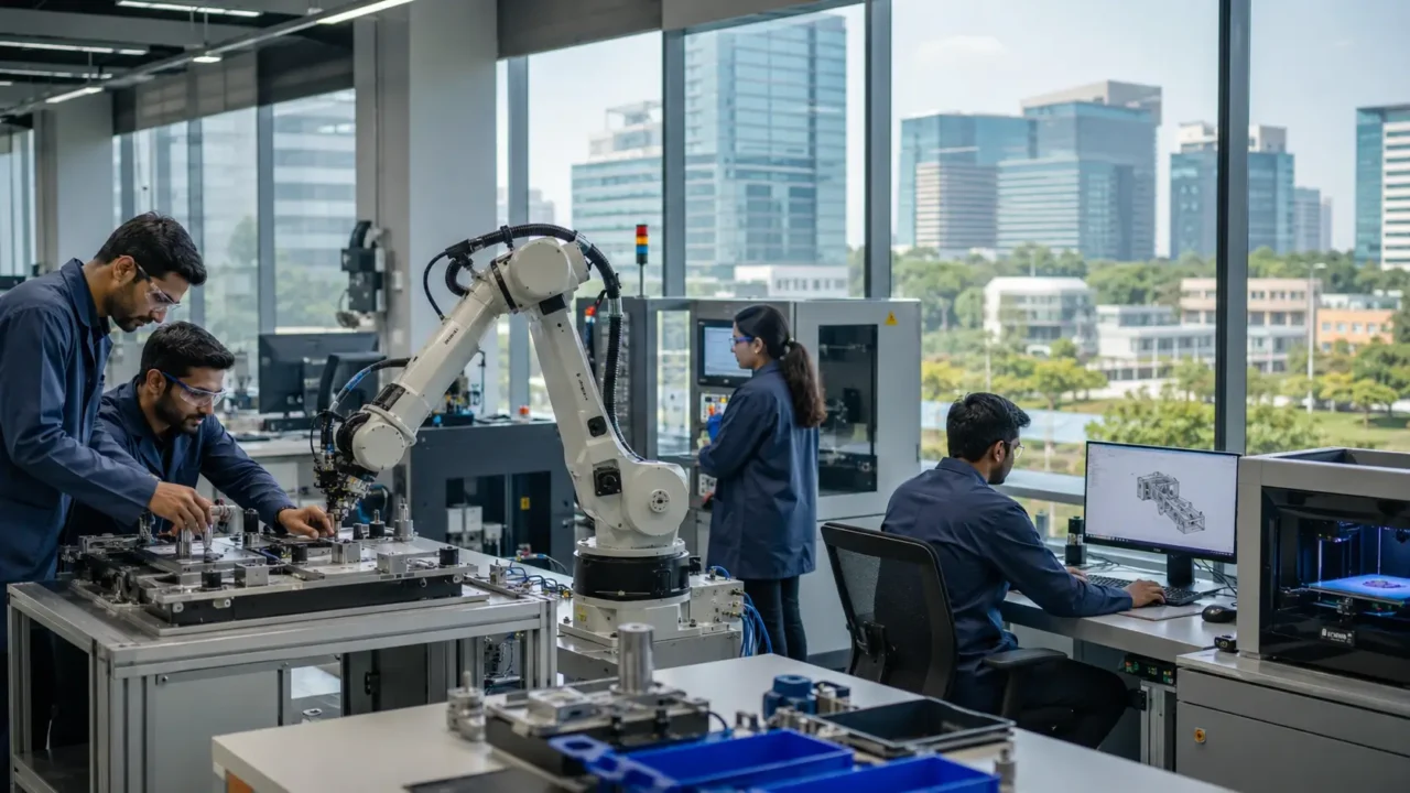 Representative AI-generated image of engineers working with robotics and advanced-manufacturing equipment