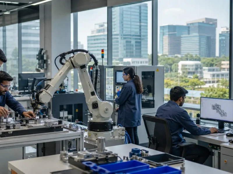 Representative AI-generated image of engineers working with robotics and advanced-manufacturing equipment