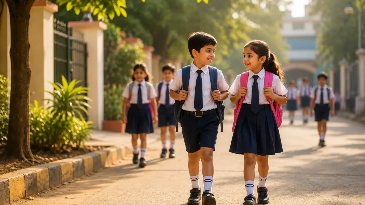 School children walking to school in Noida during morning hours amid revised heatwave timings