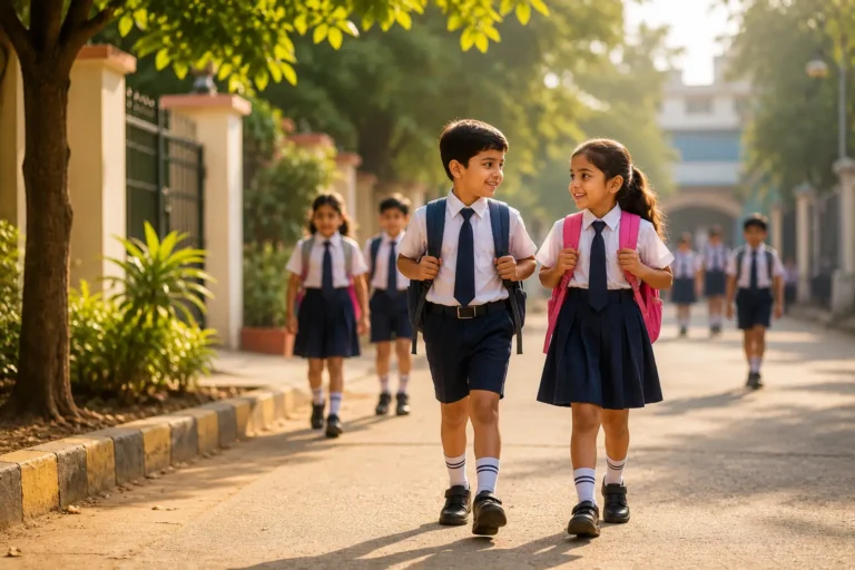School children walking to school in Noida during morning hours amid revised heatwave timings
