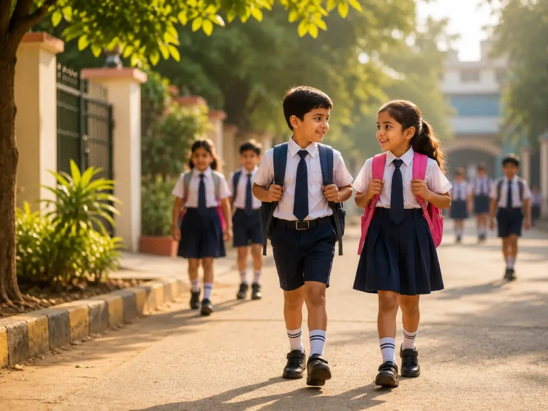 School children walking to school in Noida during morning hours amid revised heatwave timings