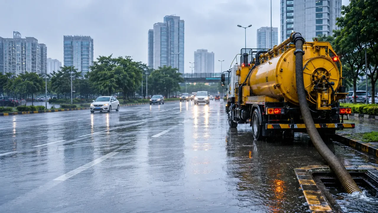 AI-generated representative image of a drainage response truck clearing rainwater from a roadside drain on a wet Noida road