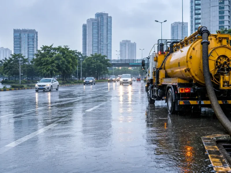 AI-generated representative image of a drainage response truck clearing rainwater from a roadside drain on a wet Noida road