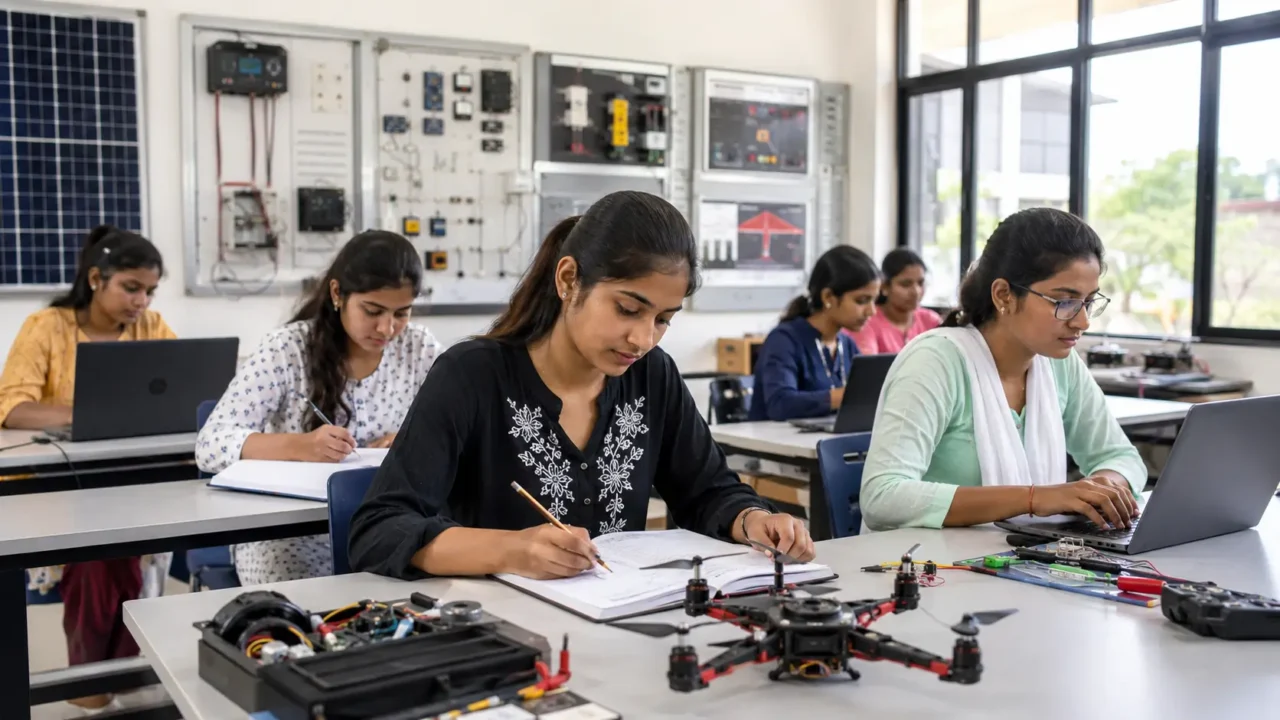 Women students attend a practical skill training class in Noida with laptops and technical learning equipment.