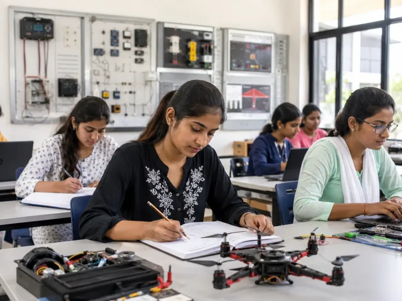 Women students attend a practical skill training class in Noida with laptops and technical learning equipment.