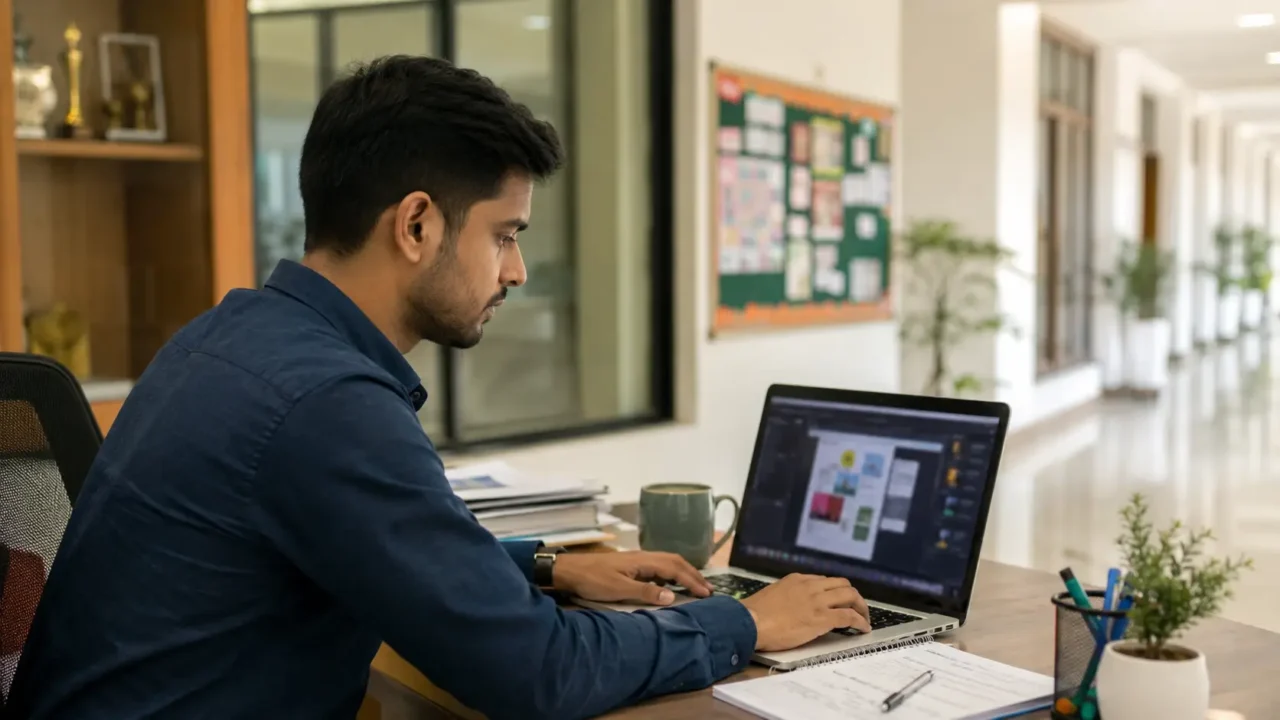 Representational AI-generated image of a young professional working on social media and graphic design material in a modern Noida school office.