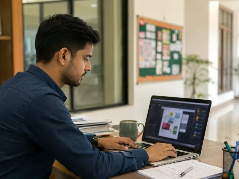 Representational AI-generated image of a young professional working on social media and graphic design material in a modern Noida school office.