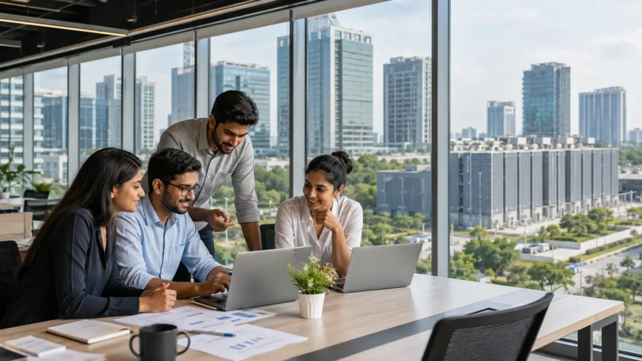 Representational AI-generated image of young startup professionals in a modern Noida office with business towers and digital infrastructure in the background.