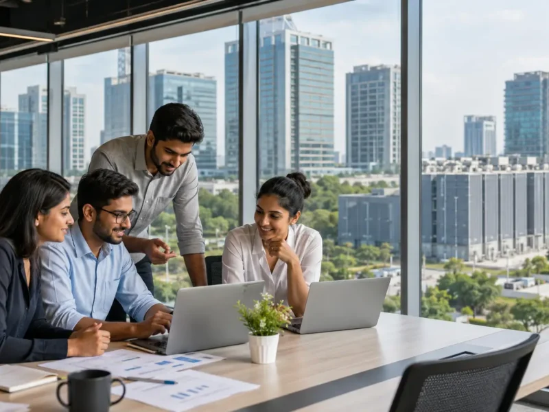 Representational AI-generated image of young startup professionals in a modern Noida office with business towers and digital infrastructure in the background.