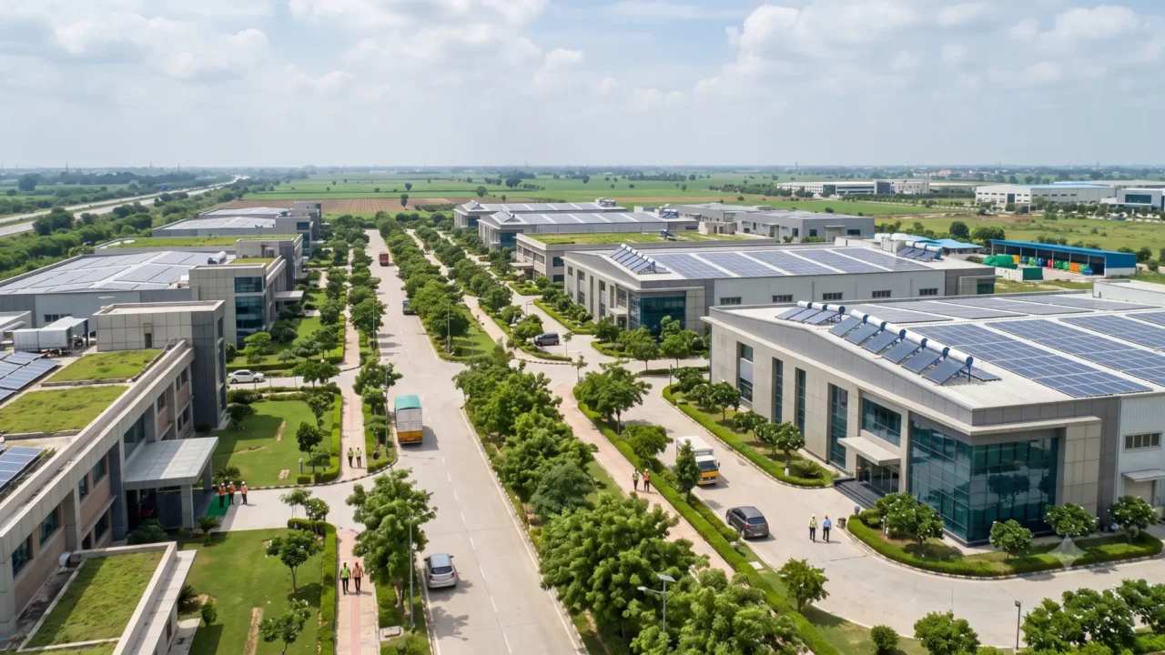 Representative view of a planned electronics manufacturing cluster with factory buildings, solar rooftops and green infrastructure in the YEIDA region