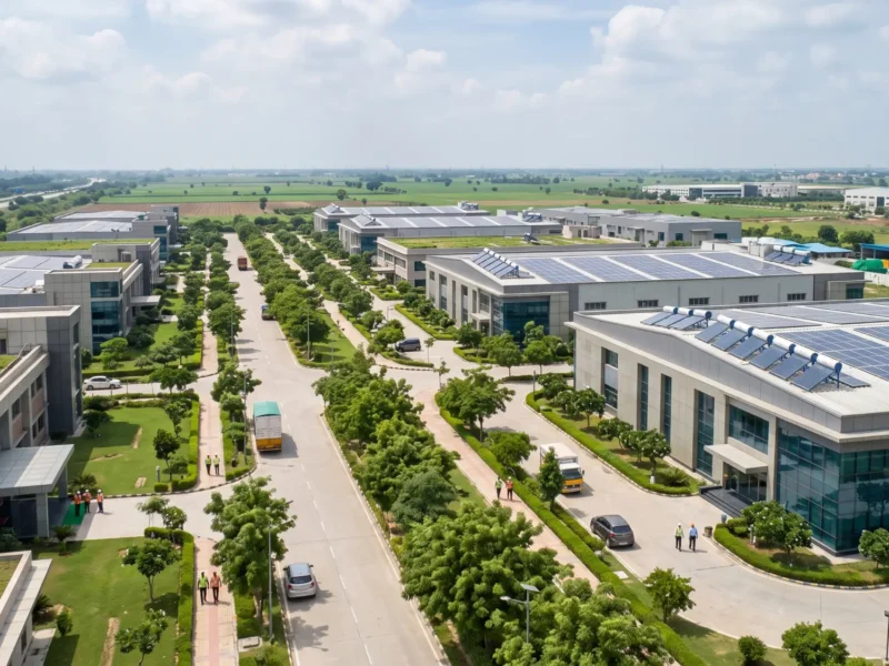 Representative view of a planned electronics manufacturing cluster with factory buildings, solar rooftops and green infrastructure in the YEIDA region