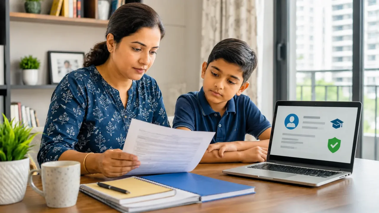 Indian mother and school student reviewing documents for APAAR ID registration in Noida