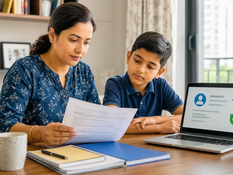 Indian mother and school student reviewing documents for APAAR ID registration in Noida