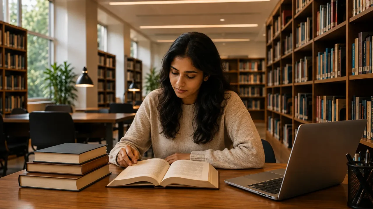 Indian student reading in a modern library with bookshelves and study desks in Noida
