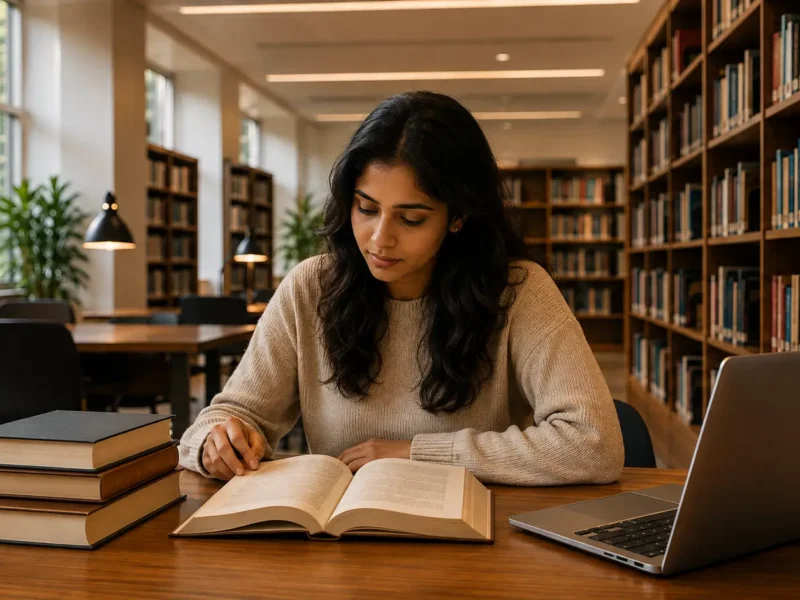Indian student reading in a modern library with bookshelves and study desks in Noida