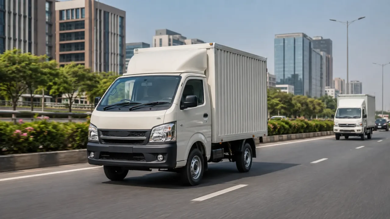 Light goods commercial vehicle on a Noida road representing CAQM's 2027 new-registration transition in Gautam Buddha Nagar