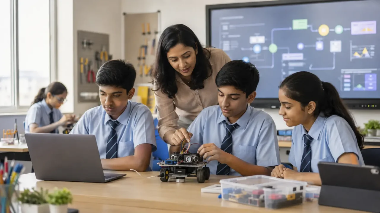Students learning coding and robotics in a representative school technology classroom