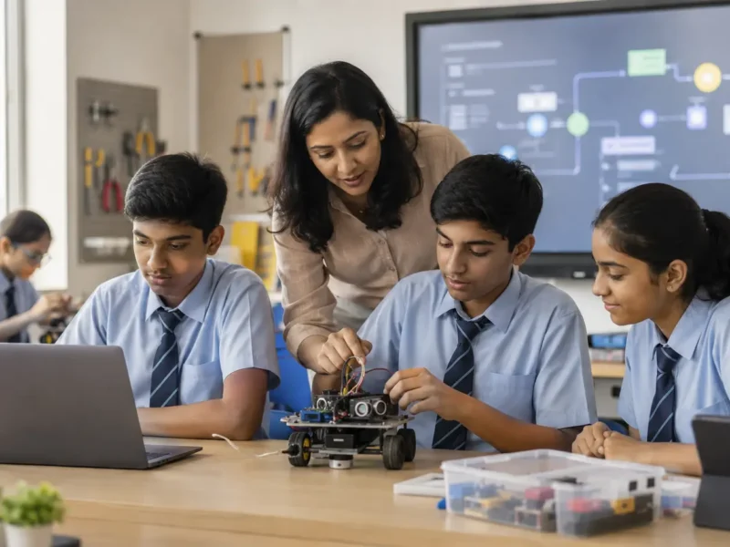 Students learning coding and robotics in a representative school technology classroom