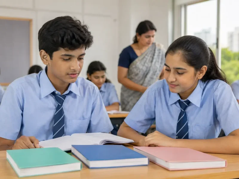 Class IX students in an Indian school classroom representing CBSE's three-language rule for 2026-27