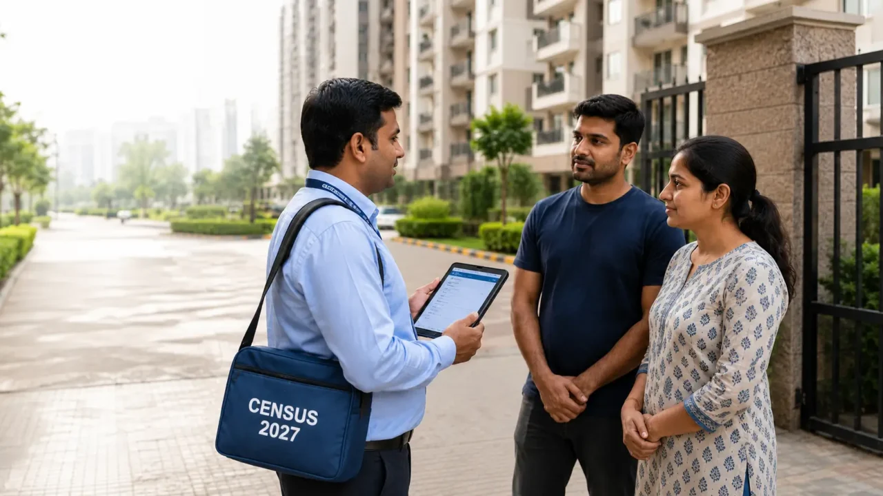 Representational image of a Census 2027 enumerator using a tablet while speaking with residents at a Noida apartment complex