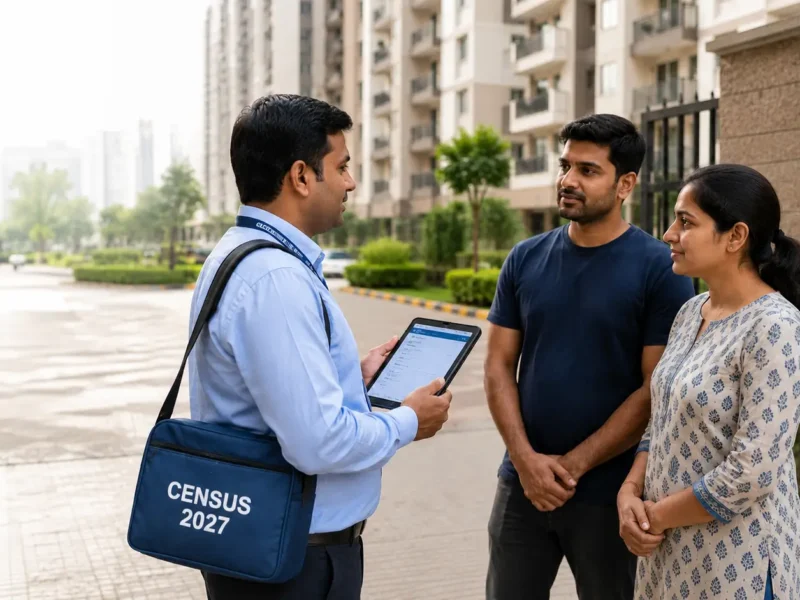Representational image of a Census 2027 enumerator using a tablet while speaking with residents at a Noida apartment complex