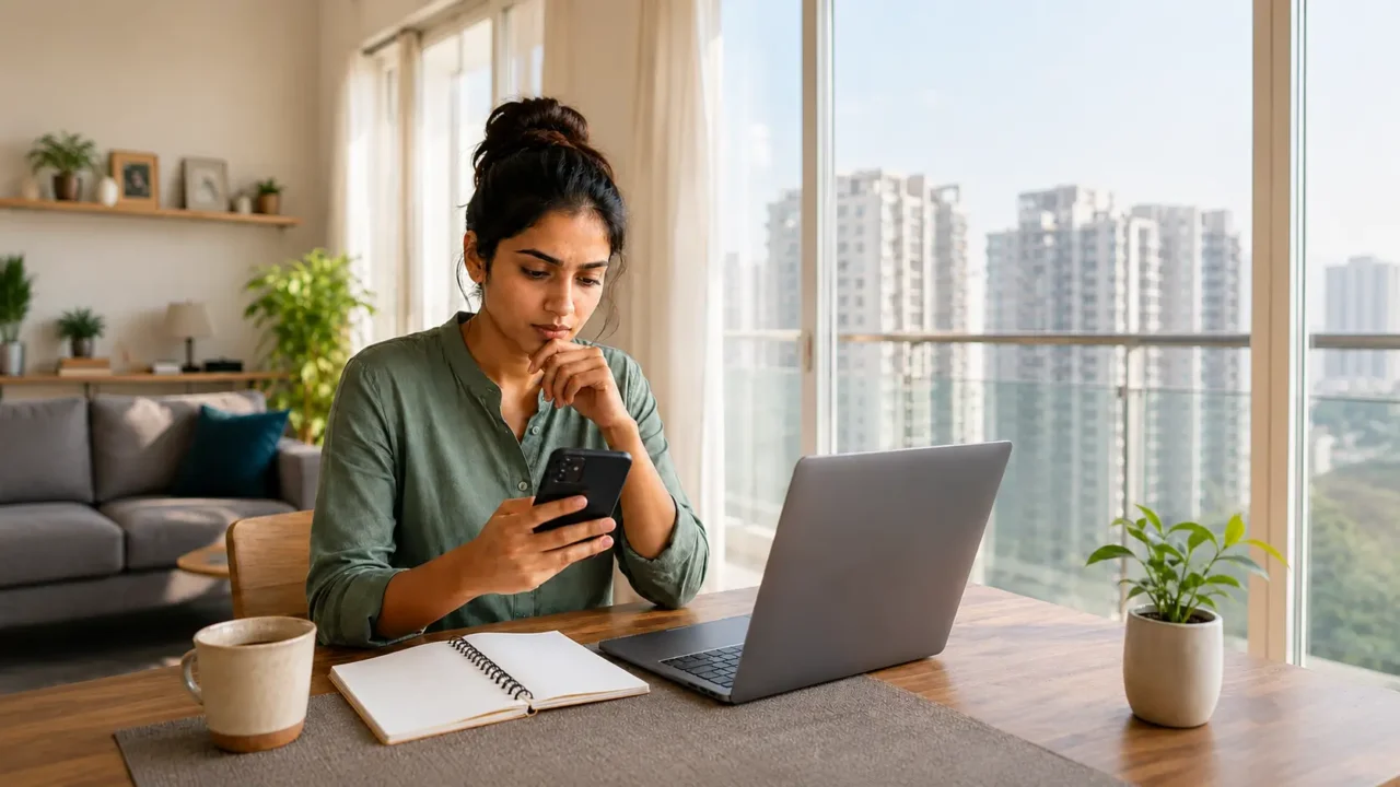 Noida resident checking a food business on her smartphone before placing an online food order